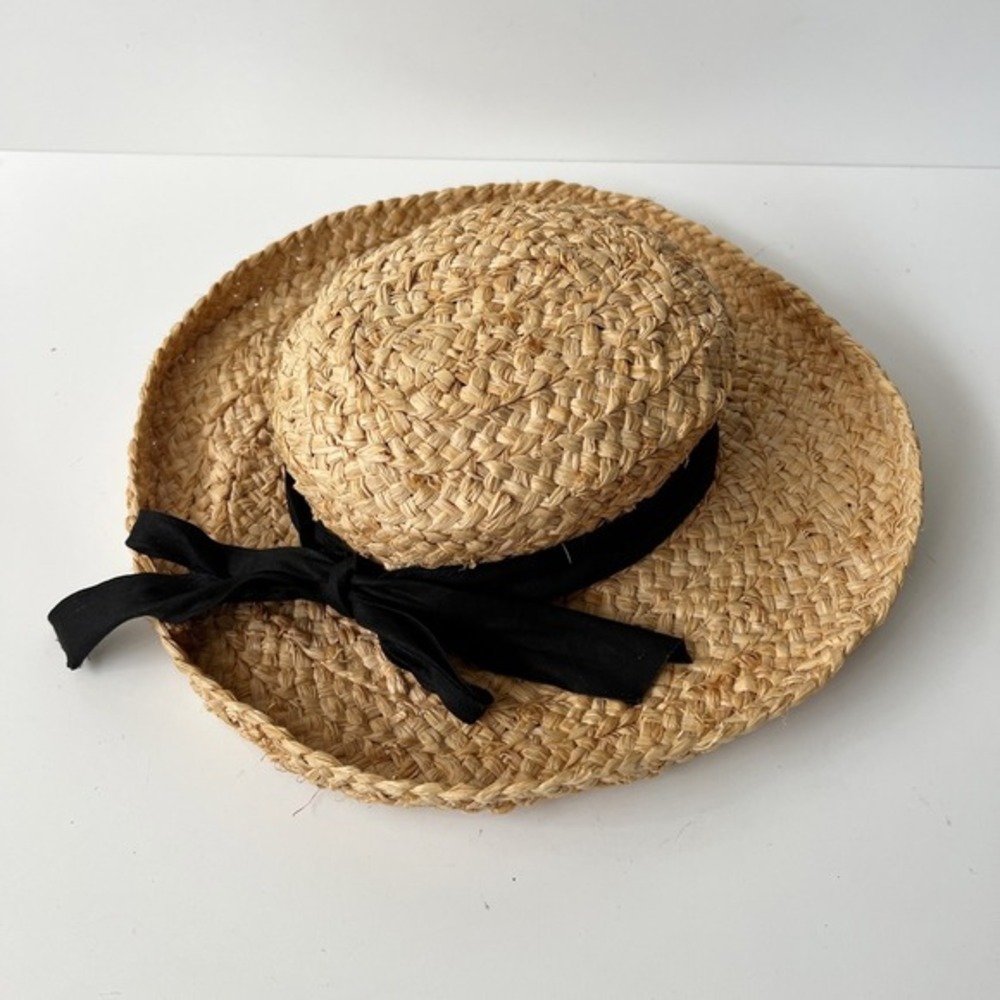 Straw 100% Rafia Straw‎ Summer Woven Hat Black Bow Accent - Picture 3 of 8